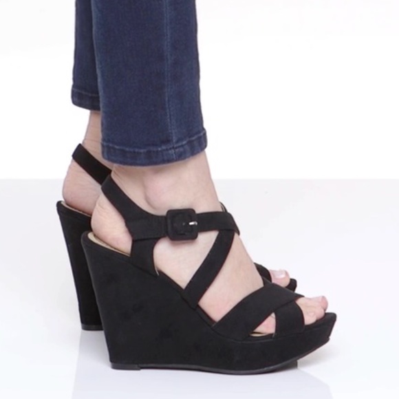 Black Strappy Caged Vamp Platform Wedge Sandals - Picture 2 of 8